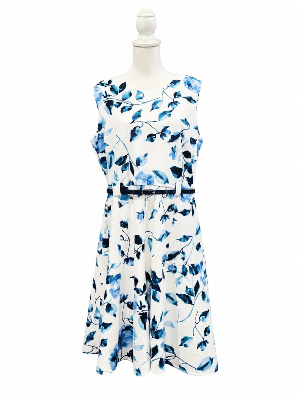 Karl Lagerfeld White Midi Dress with Blue Floral Print and Belt